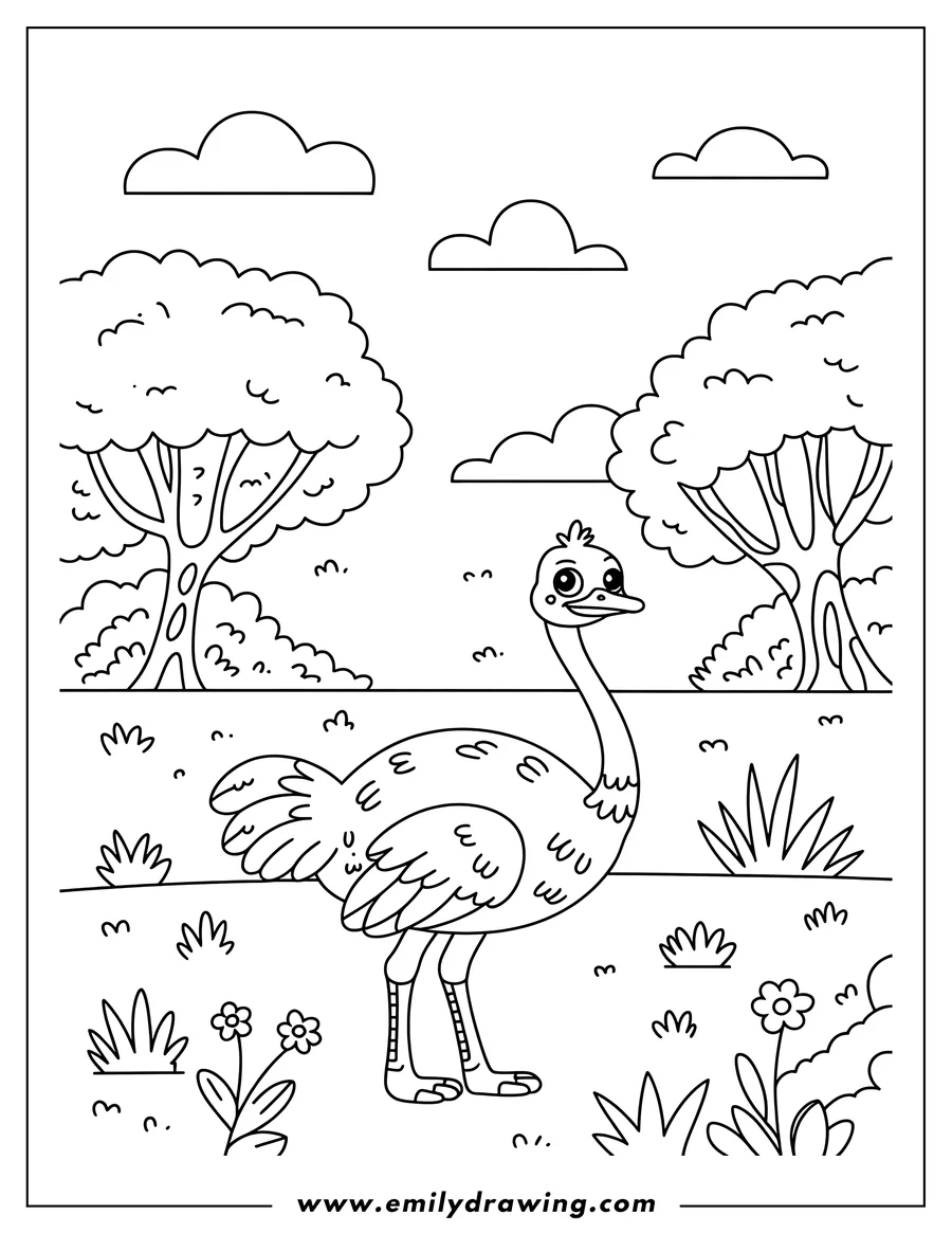Outline of an ostrich standing in a field with trees and flowers.