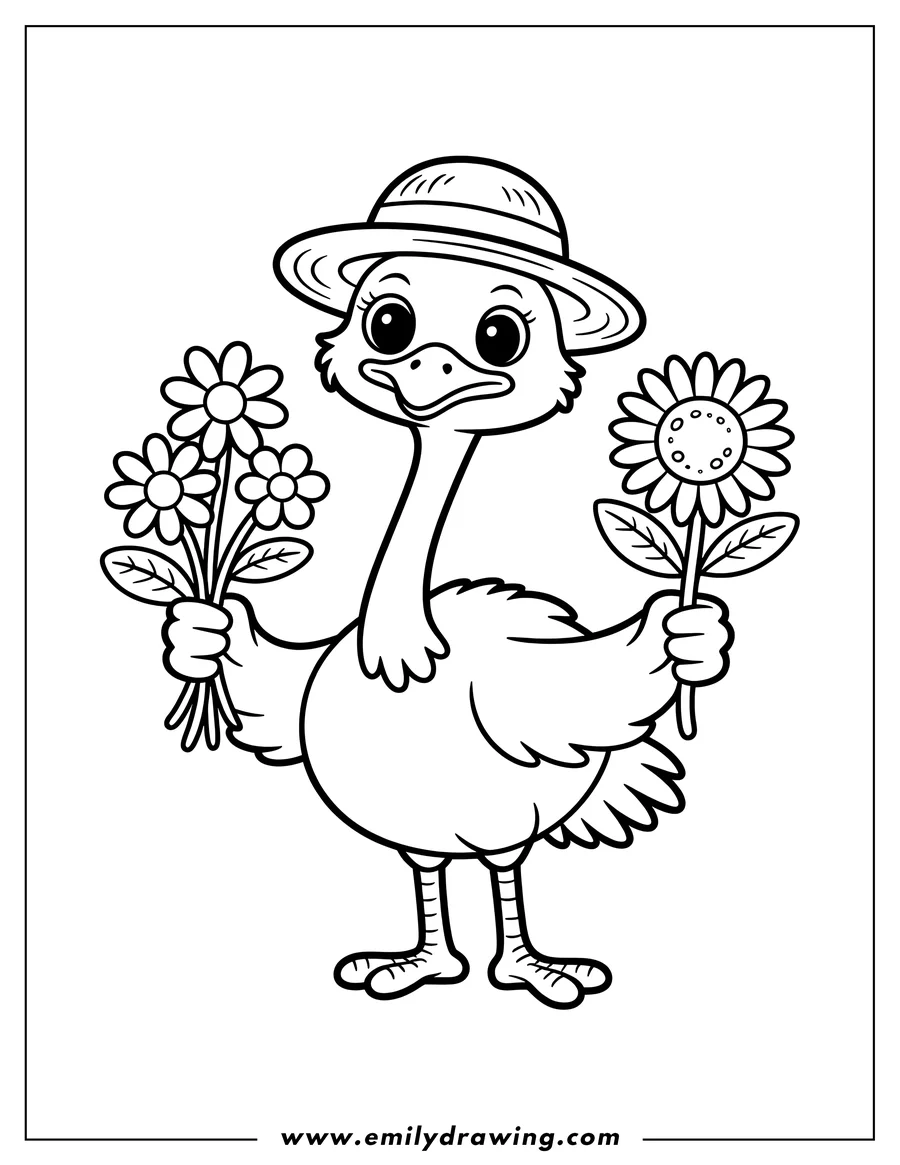 Outline of an ostrich wearing a sun hat and holding a bouquet of flowers and a single sunflower.