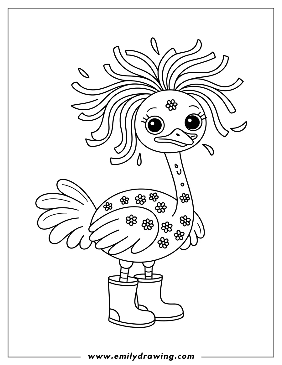 Line art of an ostrich wearing boots. The ostrich has curly hair, flowers decorating its body, and is wearing a pair of rain boots.