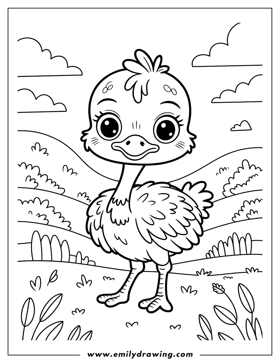 Outline of an ostrich standing in a grassy field with hills and clouds in the background.