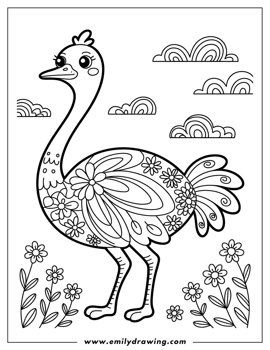 Outline of an ostrich standing in a field of flowers, with decorative floral patterns on its body.