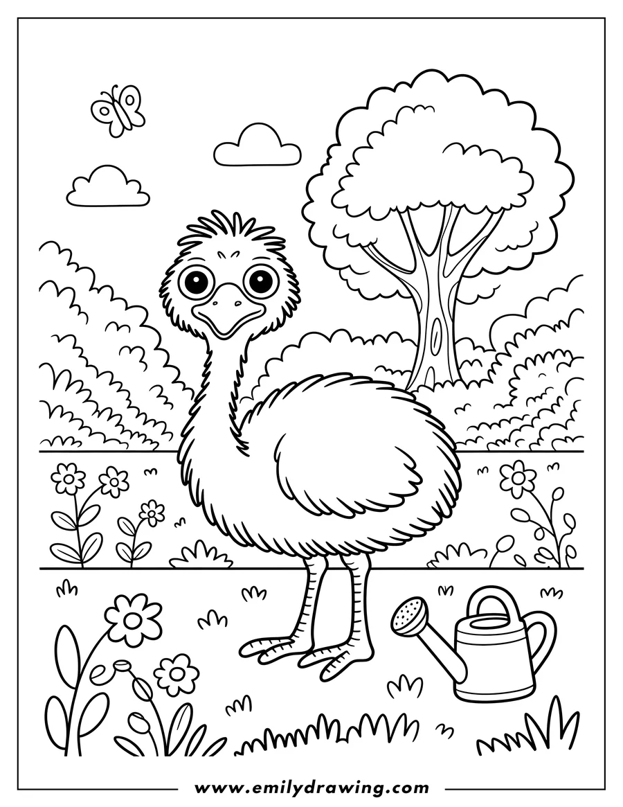 Outline of an ostrich standing in a garden with flowers, a tree, and a watering can. A butterfly flits by overhead.