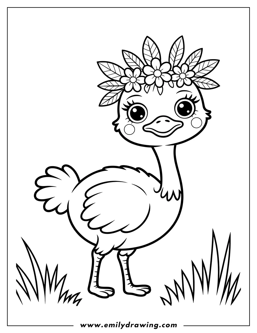 Outline of an ostrich standing in grass wearing a flower crown.