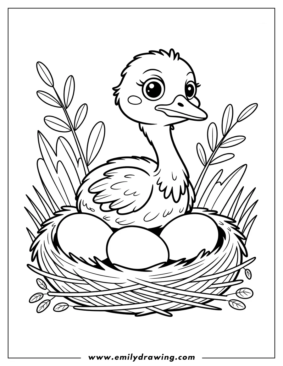 Outline of a baby ostrich sitting in a nest with three eggs, surrounded by leaves and grass.