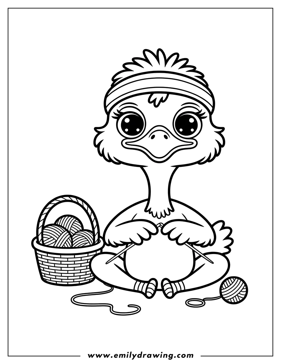Outline of an ostrich knitting with yarn and needles, a basket of yarn beside it.