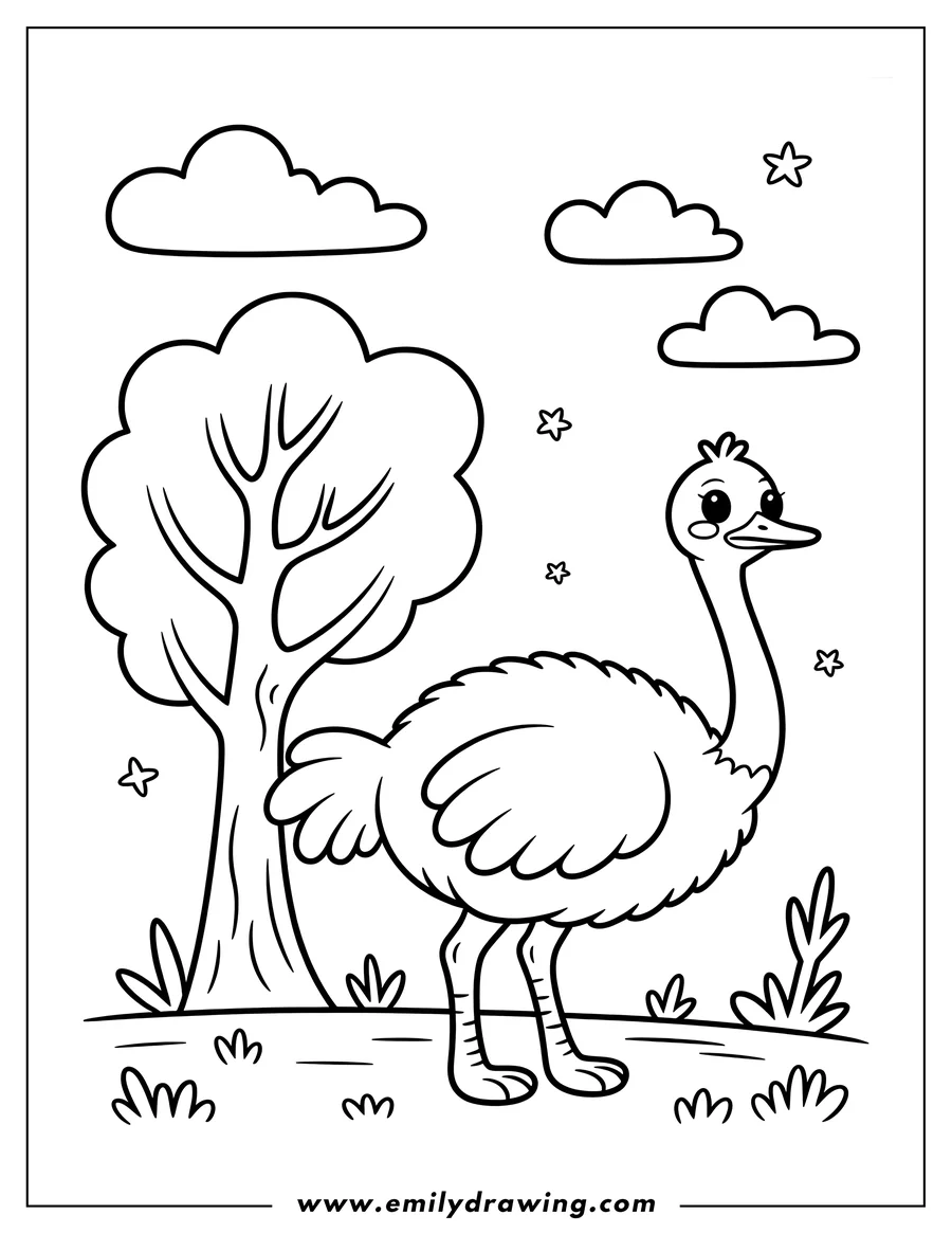 Outline of an ostrich standing near a tree, with clouds and small stars in the background.