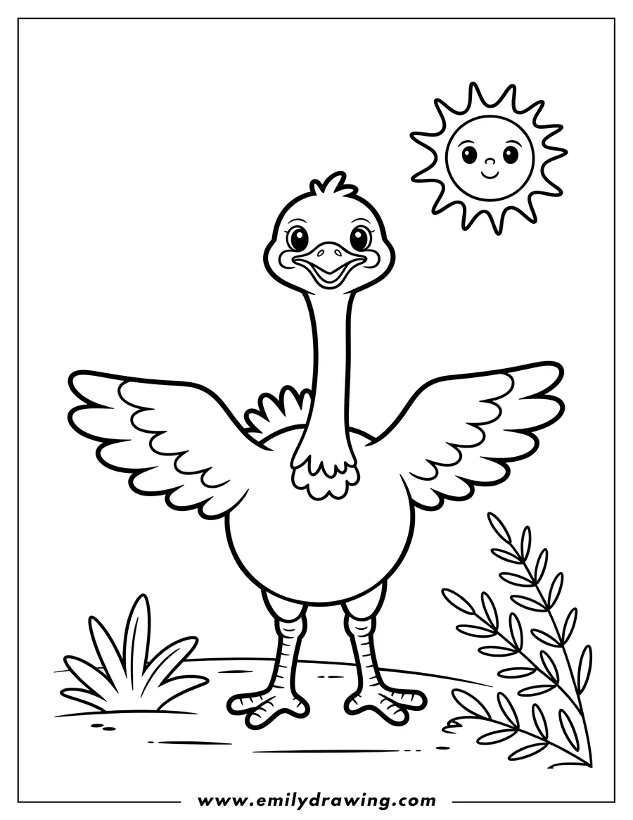 Line art of an ostrich standing with its wings spread wide.  A smiling sun shines in the background, and simple plants flank the ostrich on the ground.