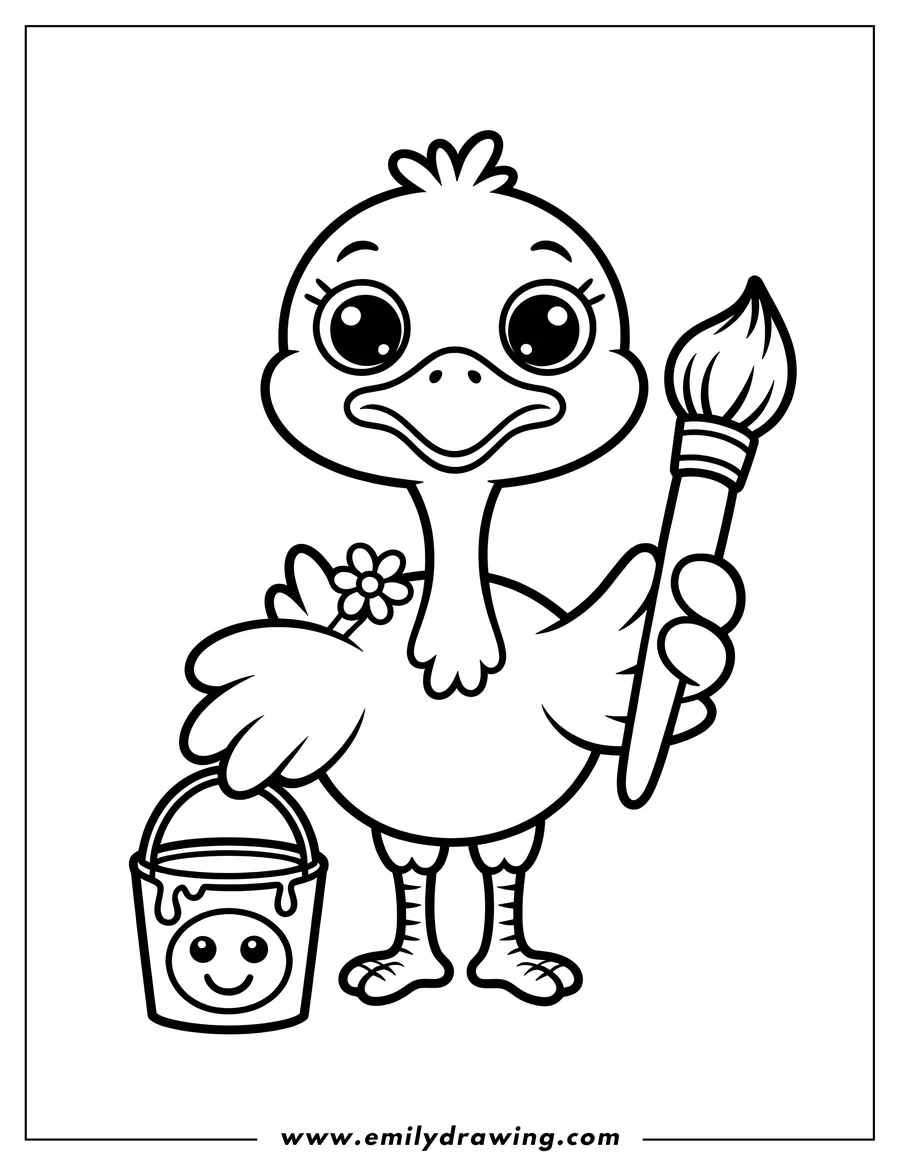 Outline of a cute ostrich holding a paintbrush and a paint bucket with a smiley face on it.