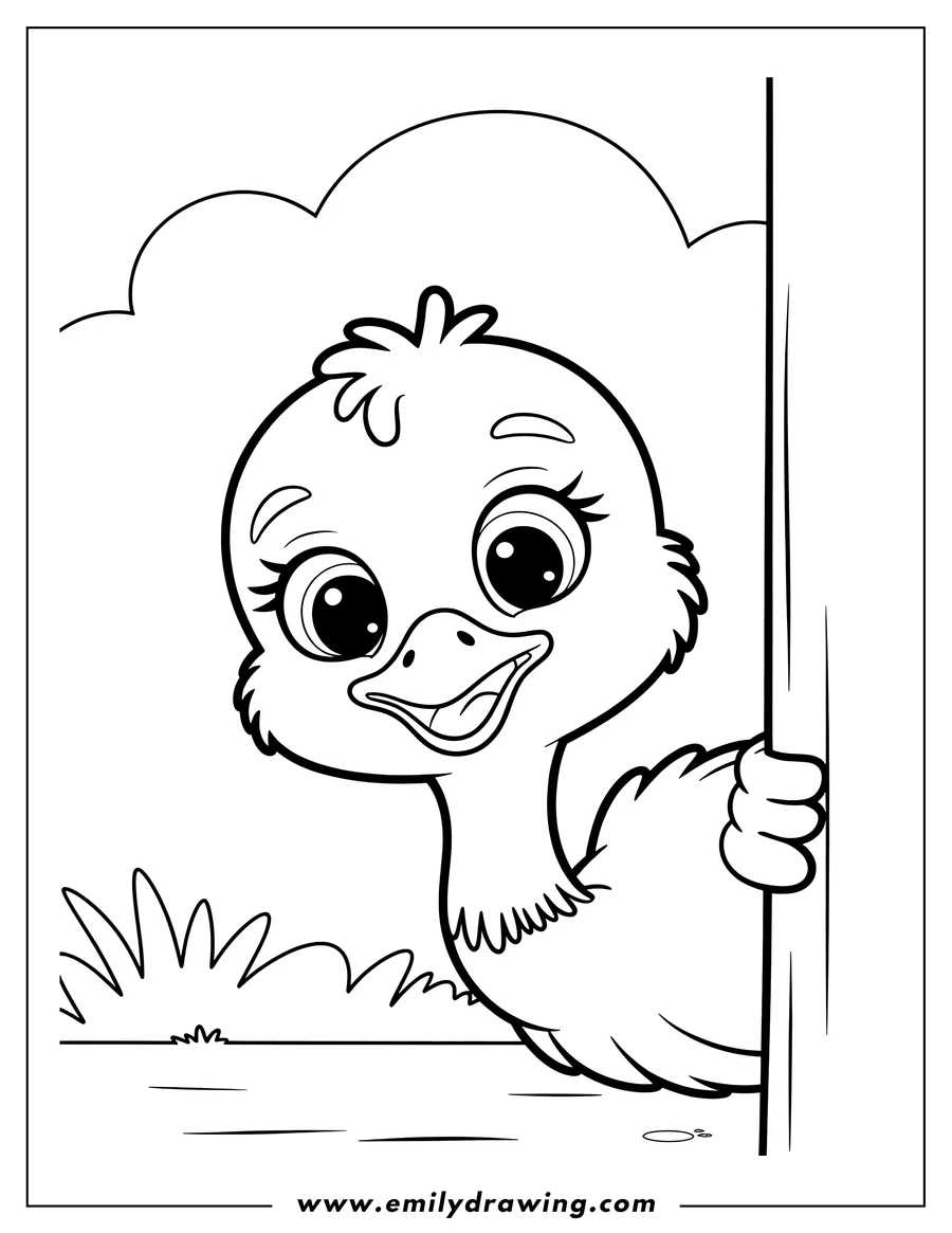 Outline of a baby ostrich peeking around a post. It has large, friendly eyes and a small beak.