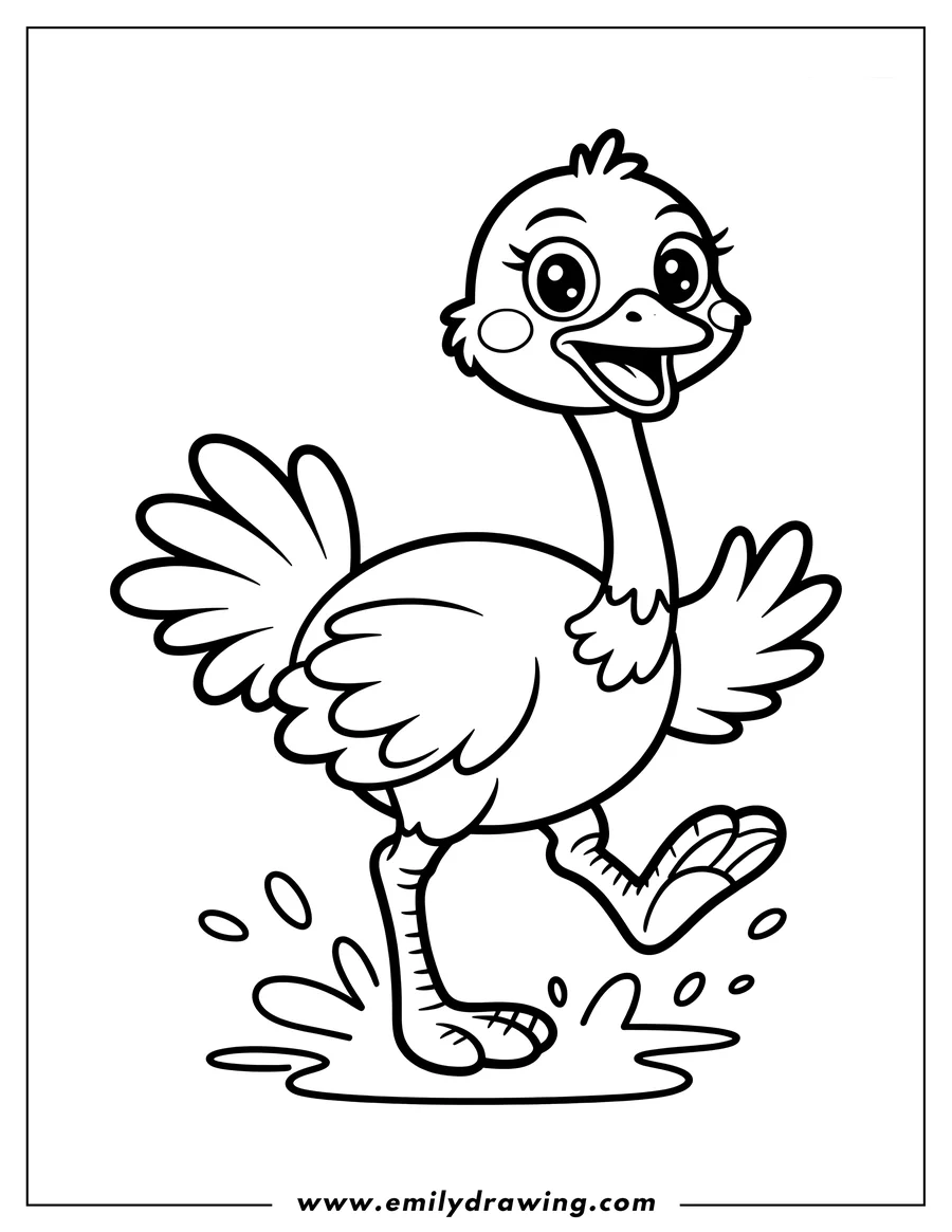 Line art of a happy ostrich running, splashing through puddles.