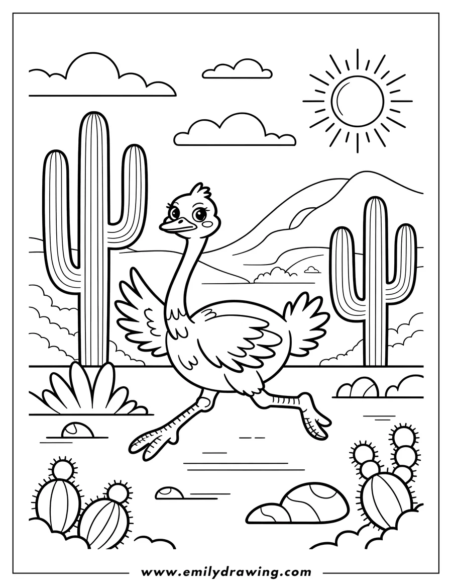 Line art of an ostrich running in a desert landscape with cacti, rocks, and a shining sun.