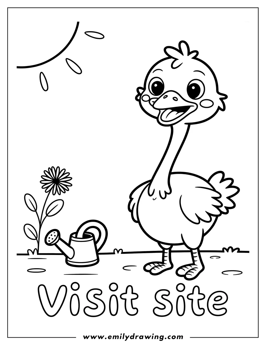 Outline of an ostrich standing near a watering can and a flower, under a shining sun.