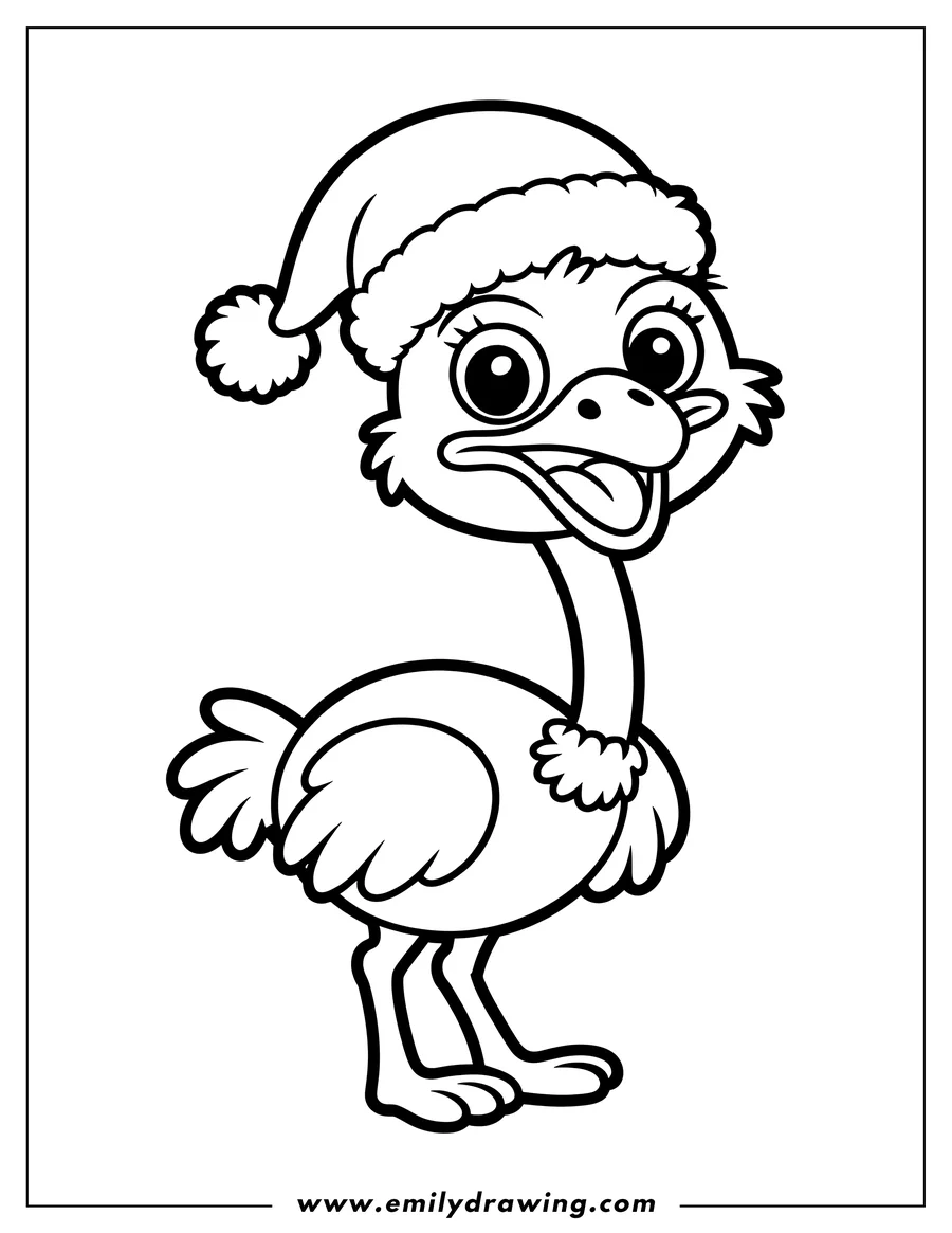Outline of an ostrich wearing a Santa Claus hat.  The ostrich has fluffy feathers at its base and a happy expression.