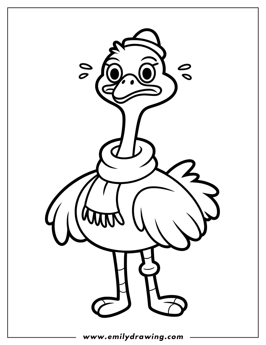 Outline of an ostrich wearing a winter hat and scarf.