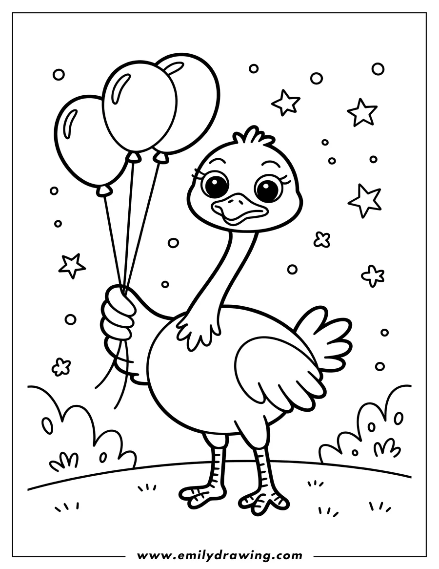 Outline of an ostrich holding three balloons, standing in a field with stars in the background.
