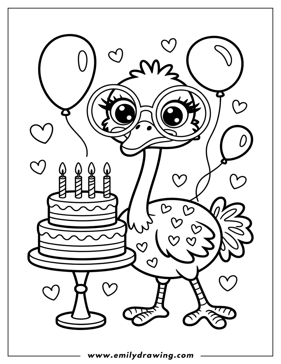 Line art of an ostrich wearing glasses, standing beside a two-tiered birthday cake with four lit candles, surrounded by floating balloons and hearts.