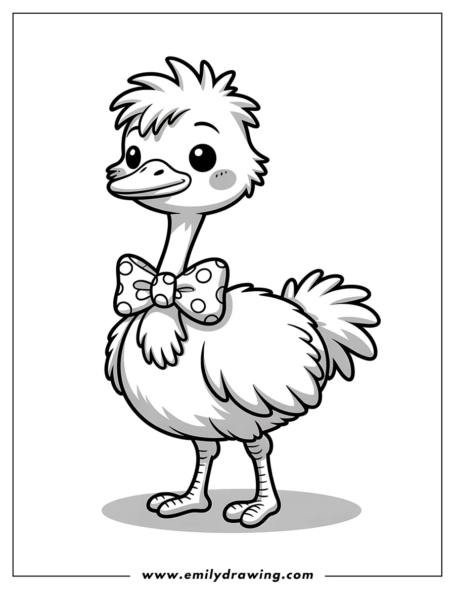 Outline of an ostrich wearing a polka-dotted bow tie.