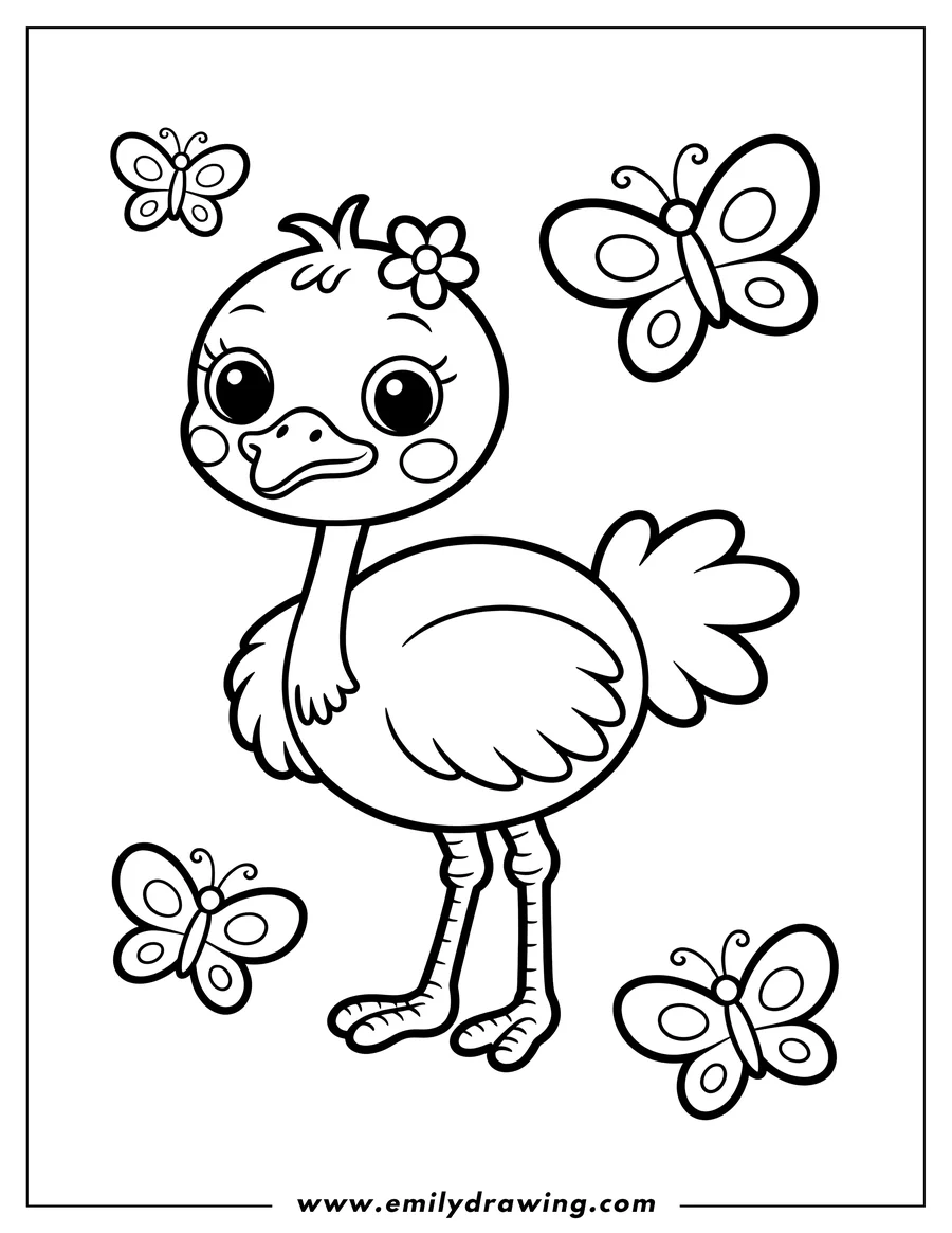 Outline of an ostrich with a flower on its head, surrounded by butterflies.