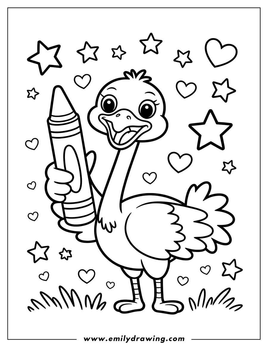 Outline of an ostrich holding a crayon, ready to be colored.  Hearts and stars decorate the background.