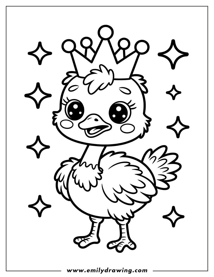 Outline of an ostrich wearing a crown, surrounded by sparkles.