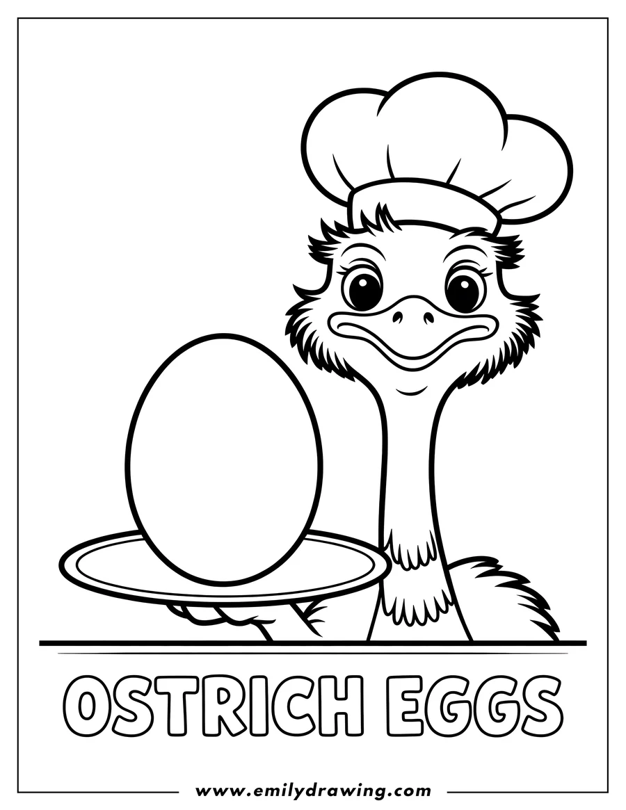 Line art of an ostrich wearing a chef's hat and holding a large egg on a plate.