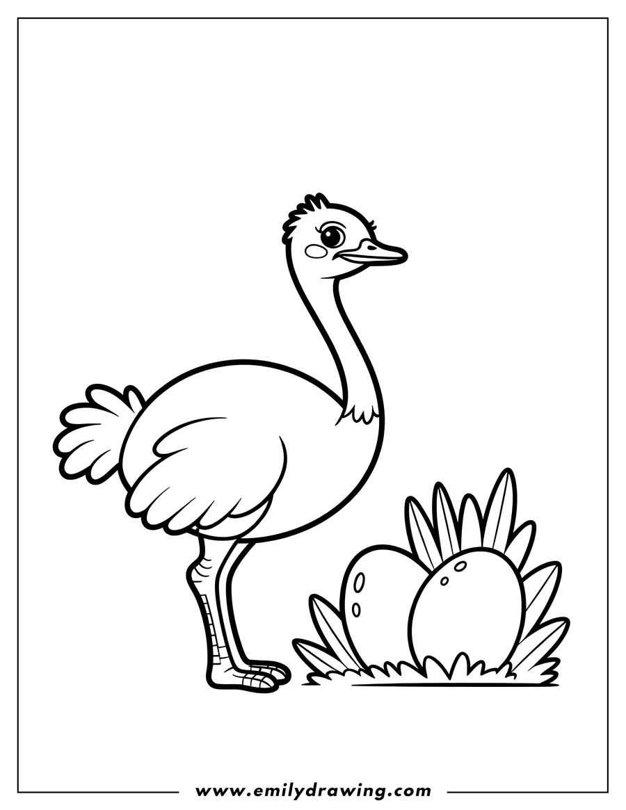 Outline of an ostrich standing near two large eggs nestled in the grass.