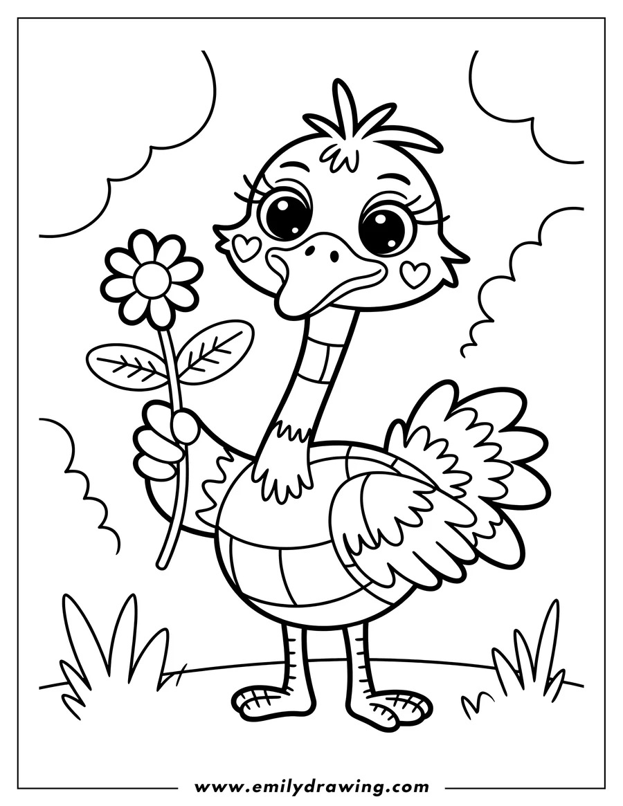 Outline of an ostrich holding a flower. It has hearts on its cheeks.