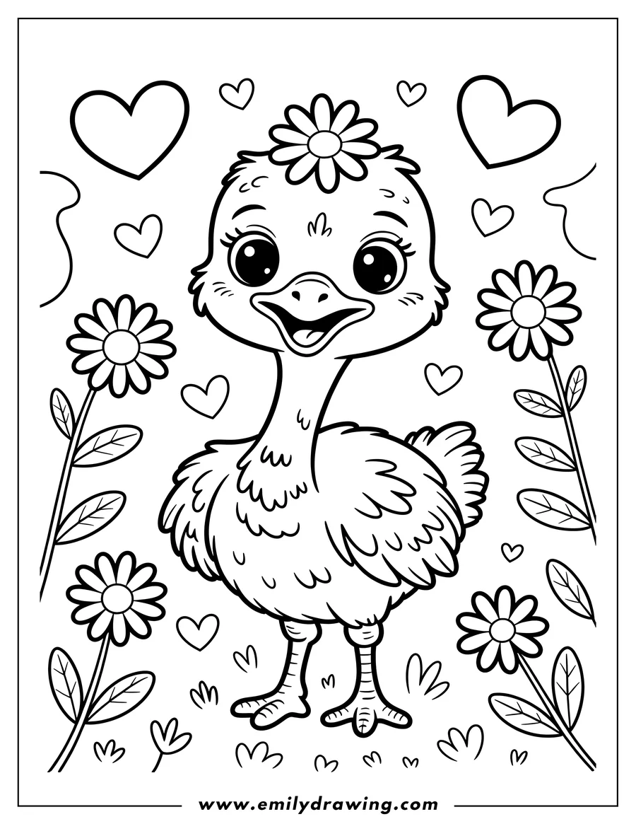 Outline of an ostrich wearing a flower crown, surrounded by daisies and hearts.