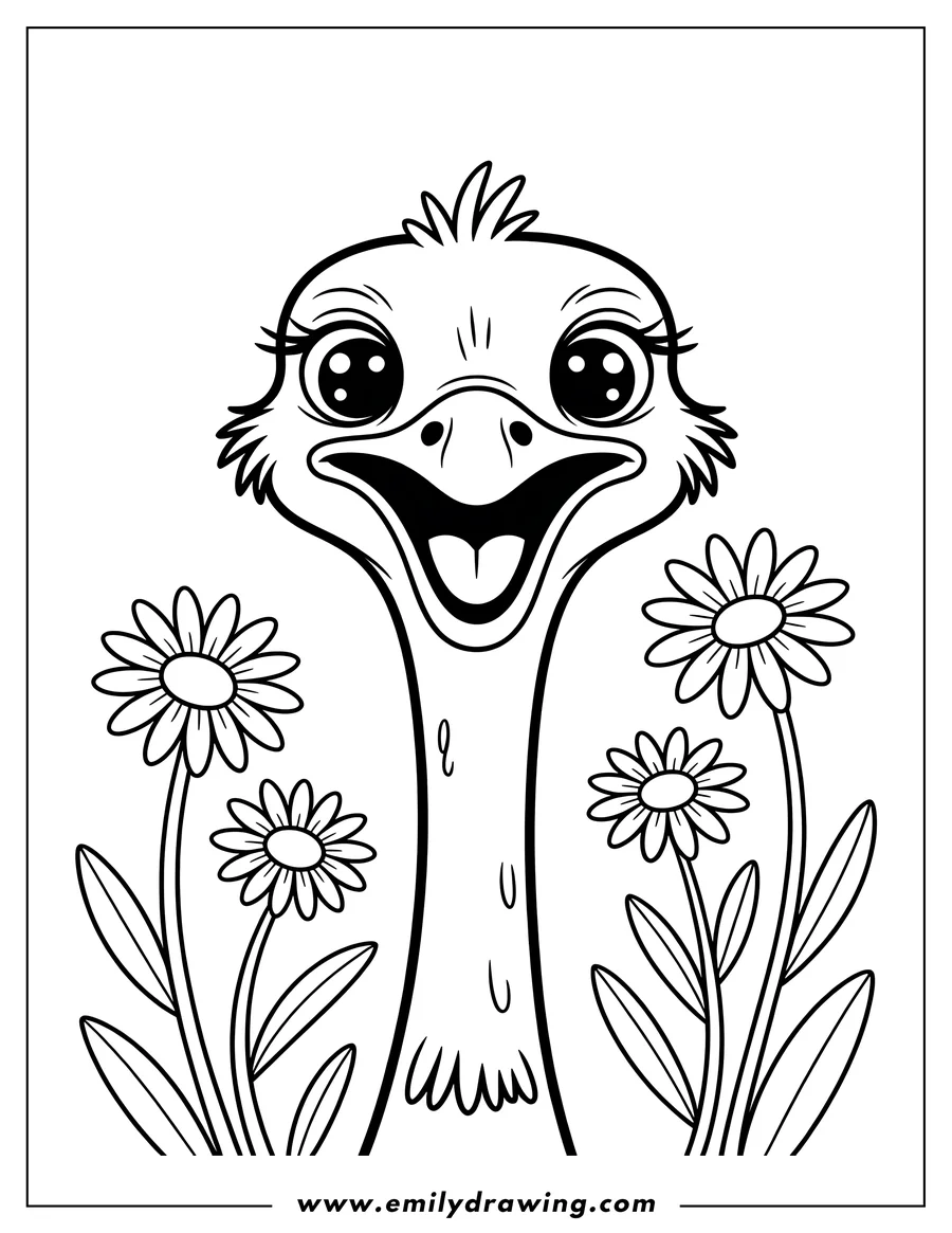 Outline of a happy ostrich surrounded by three daisies.