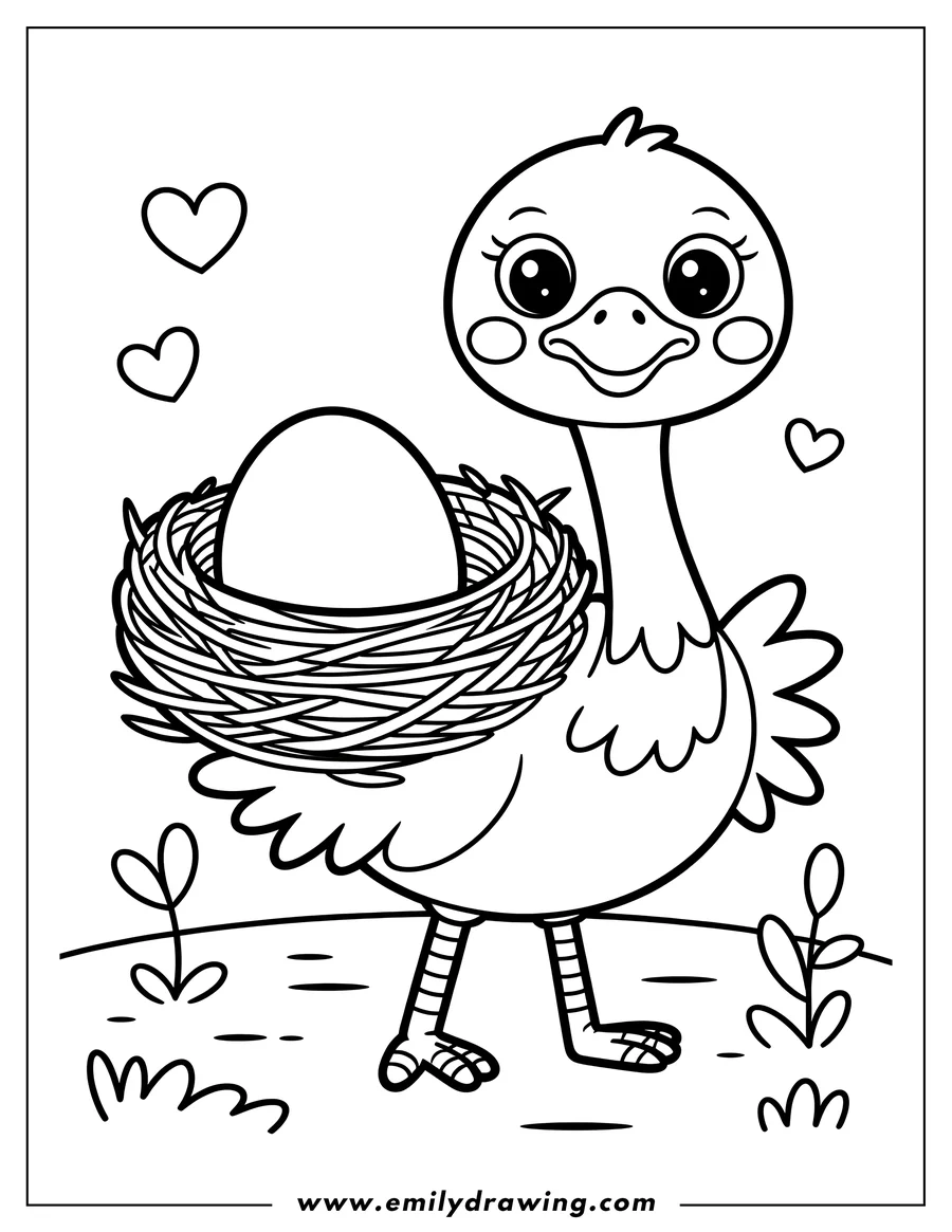 Line art of an ostrich carrying a nest with a large egg inside. Hearts float around the ostrich, and small plants grow on the ground around its feet.