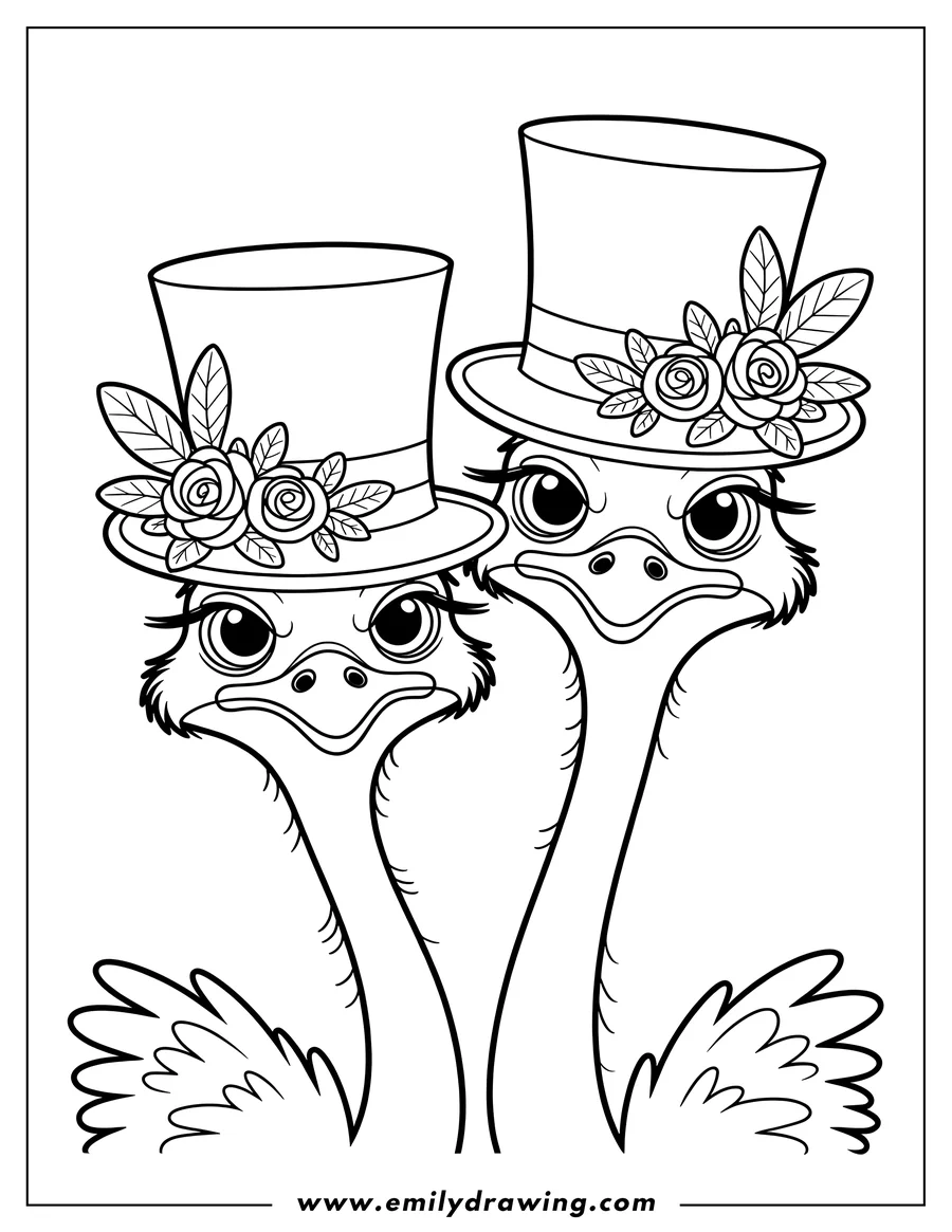 Two ostriches wearing top hats decorated with roses and leaves.