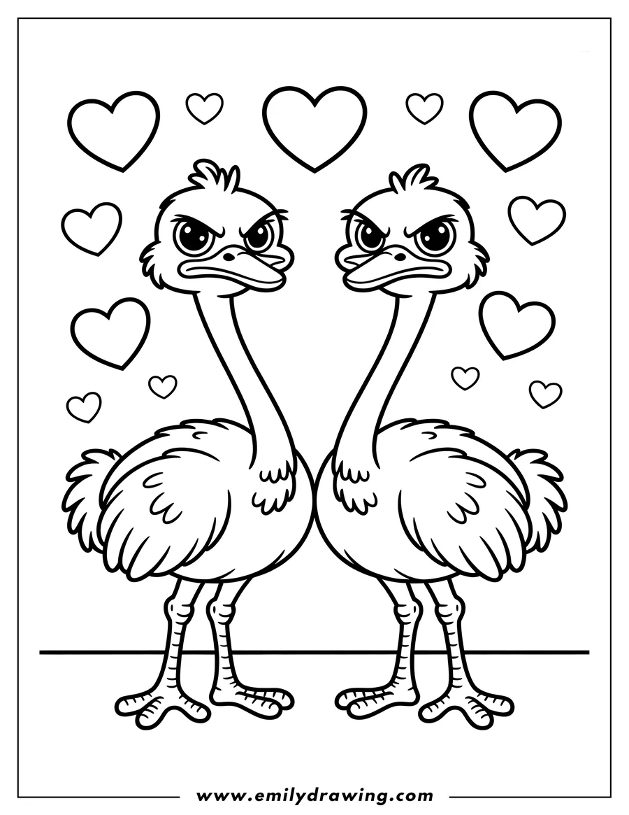 Line art of two ostriches standing together, surrounded by floating hearts.