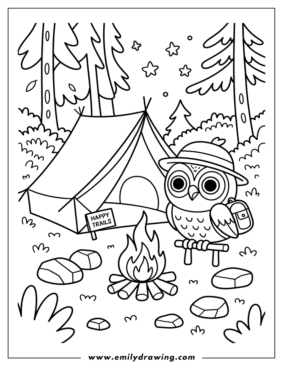 Line art of an owl wearing a camping hat and small backpack, perched near a campfire and tent. A sign says 'Happy Trails'.