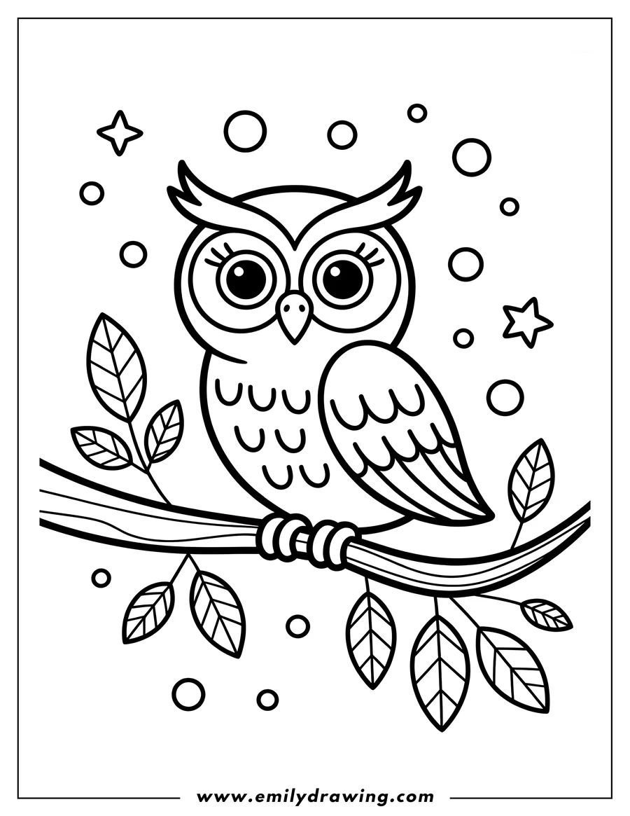 Line art of an owl perched on a tree branch with leaves. Stars and circles decorate the background.