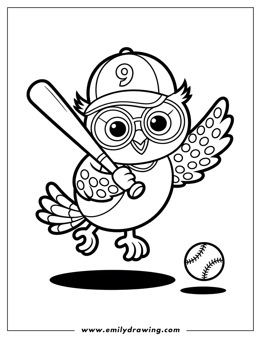 Line art of an owl playing baseball, wearing a baseball cap and holding a bat, with a baseball nearby.