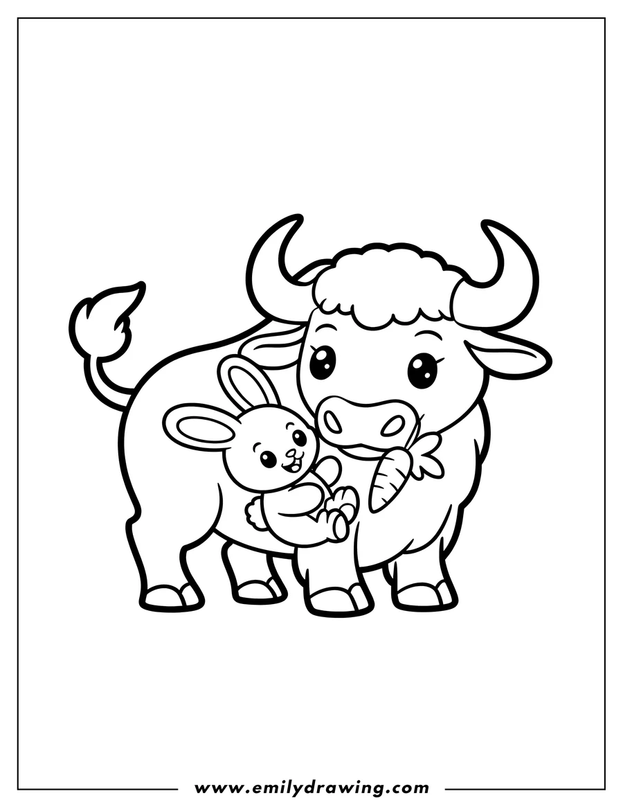 Outline of an ox holding a bunny with a carrot.
