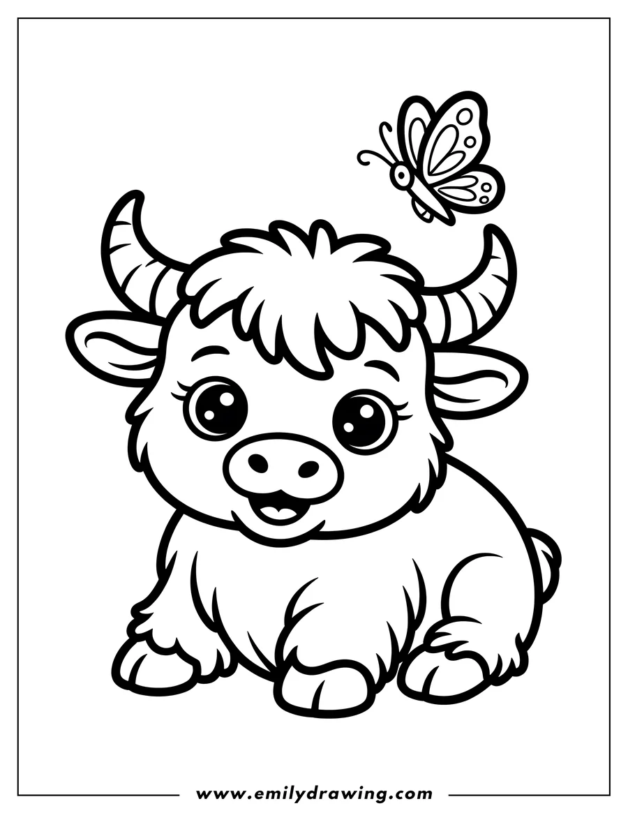 Outline of an ox sitting with a butterfly fluttering above its head.