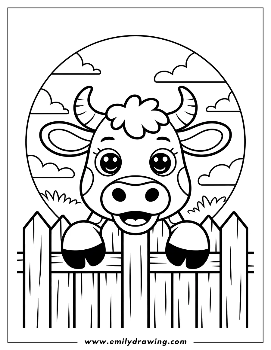 Outline of an ox looking over a wooden fence with a cloudy sky in the background.