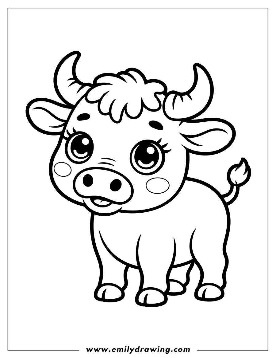 Line art of a young ox with large eyes, a fluffy head, and small horns.