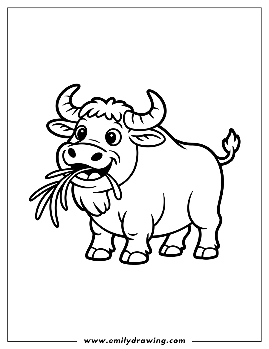 Outline of an ox happily eating a mouthful of grass.