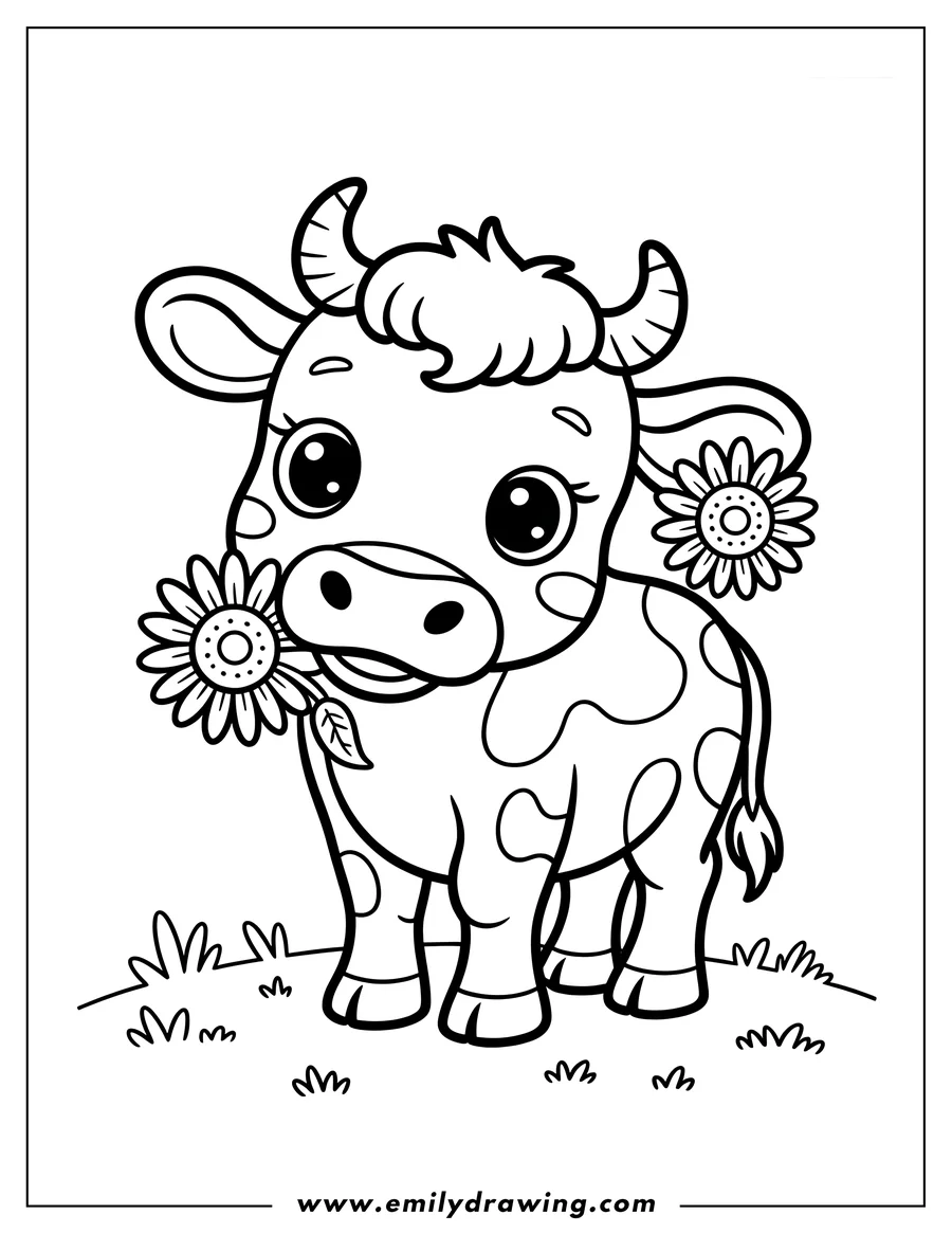 Outline of a young ox holding a flower in its mouth, standing in a grassy field.