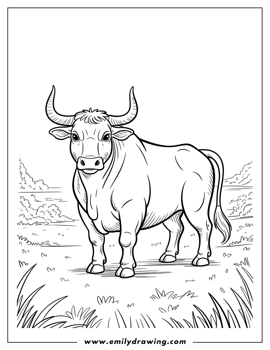 Outline of a large ox standing in a grassy field. It has prominent horns and a thick coat of fur.