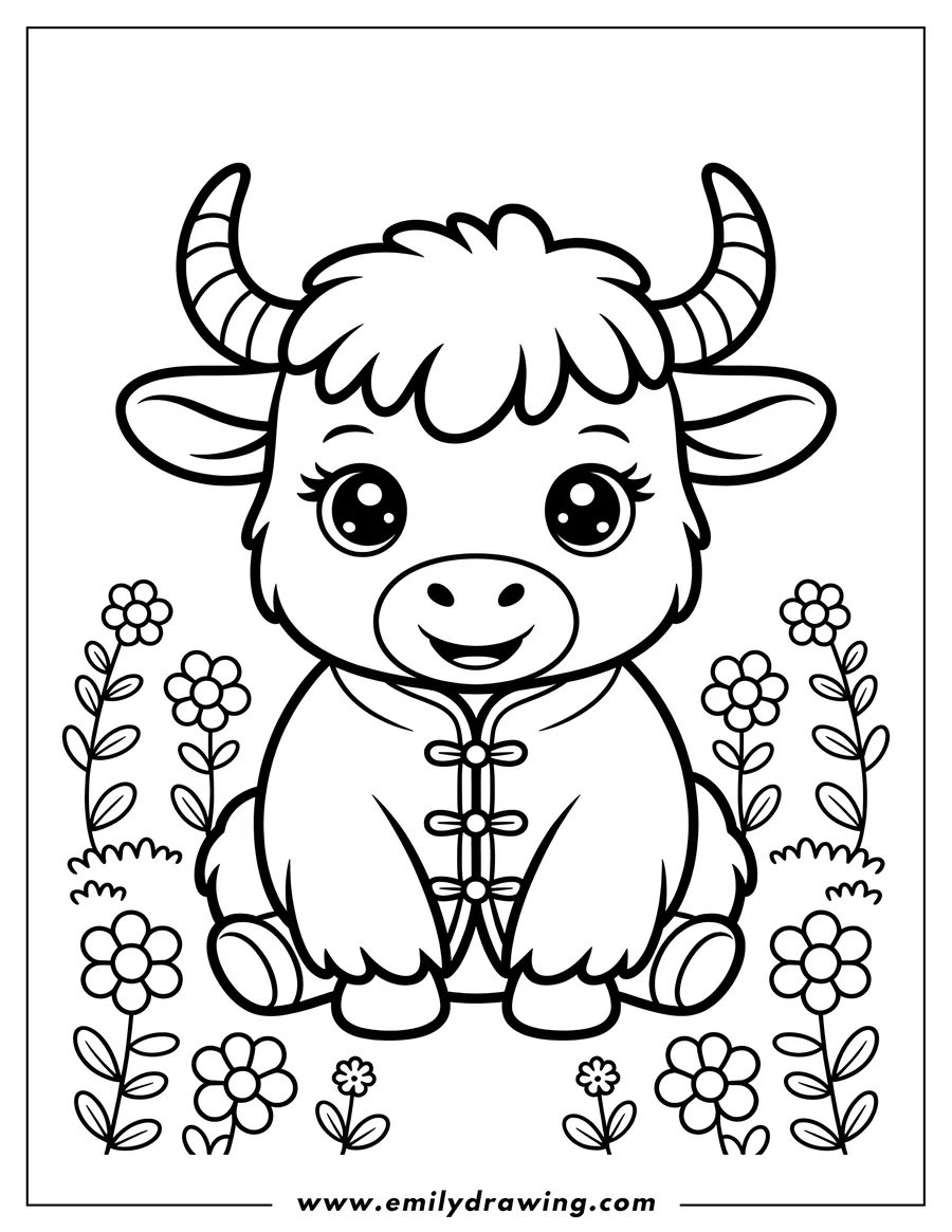 Outline of a fluffy ox sitting in a field of flowers, wearing a buttoned jacket.