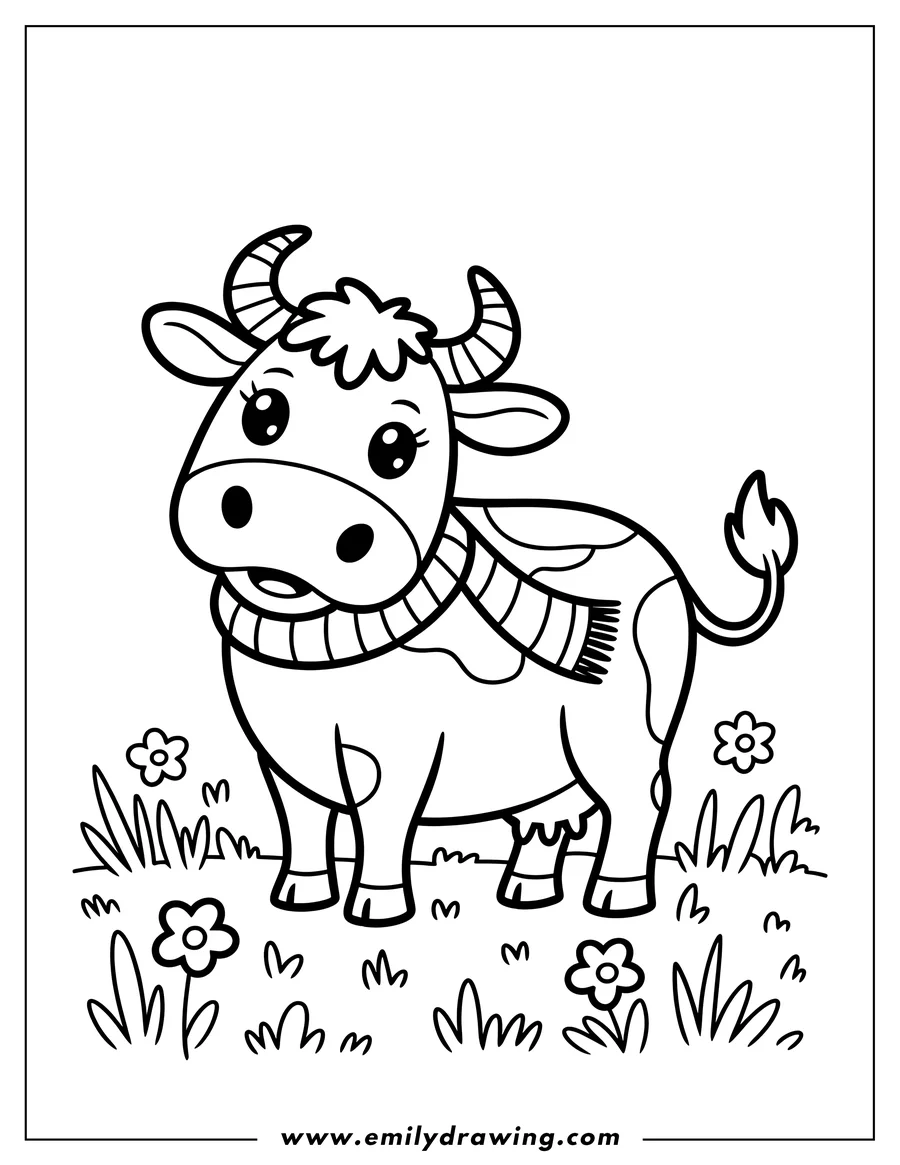 Outline of an ox standing in a field of flowers. The ox has large eyes, small horns, and wears a striped scarf.