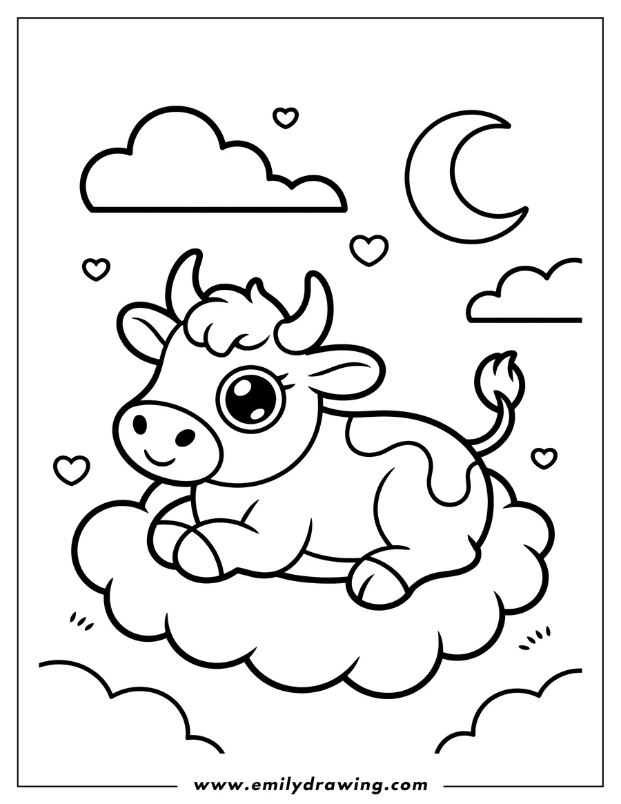 Outline of a cute ox resting on a cloud, with a crescent moon and small hearts in the night sky.