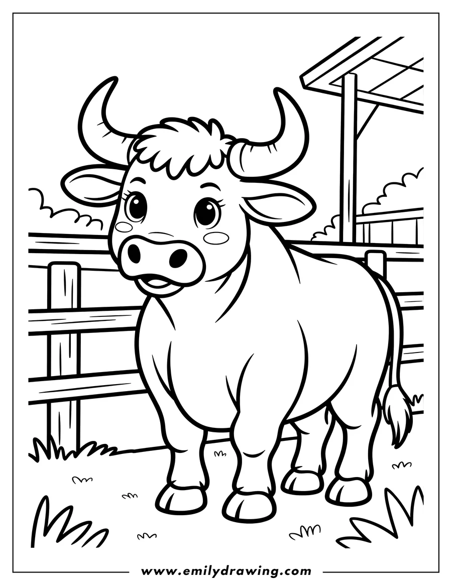Outline of an ox standing in a grassy field near a wooden fence and shelter on a farm.