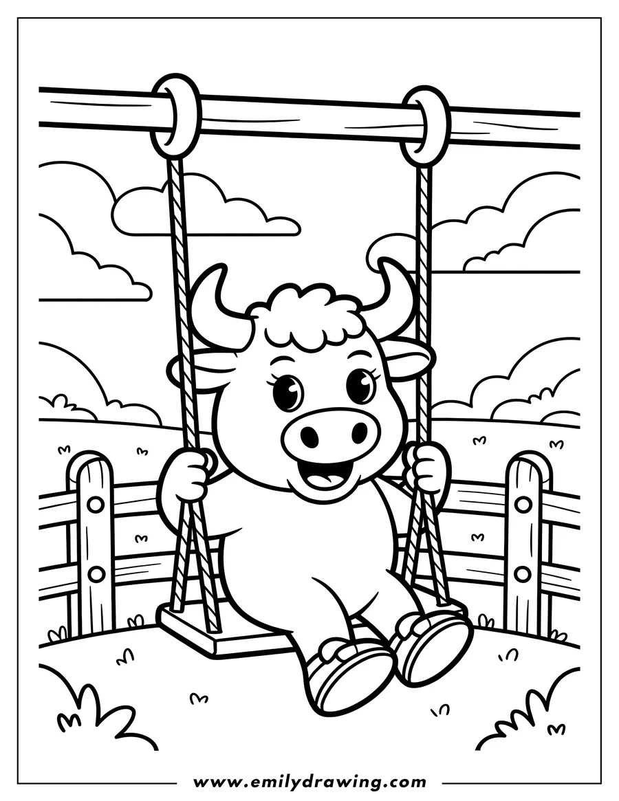 Line art of an ox swinging happily on a swing set near a wooden fence.