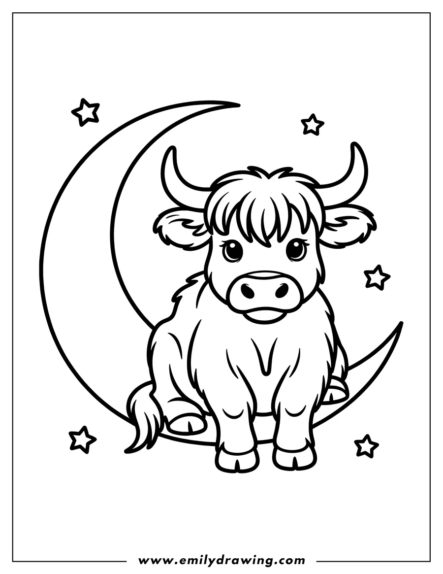 Outline of a fluffy ox sitting on a crescent moon surrounded by stars.
