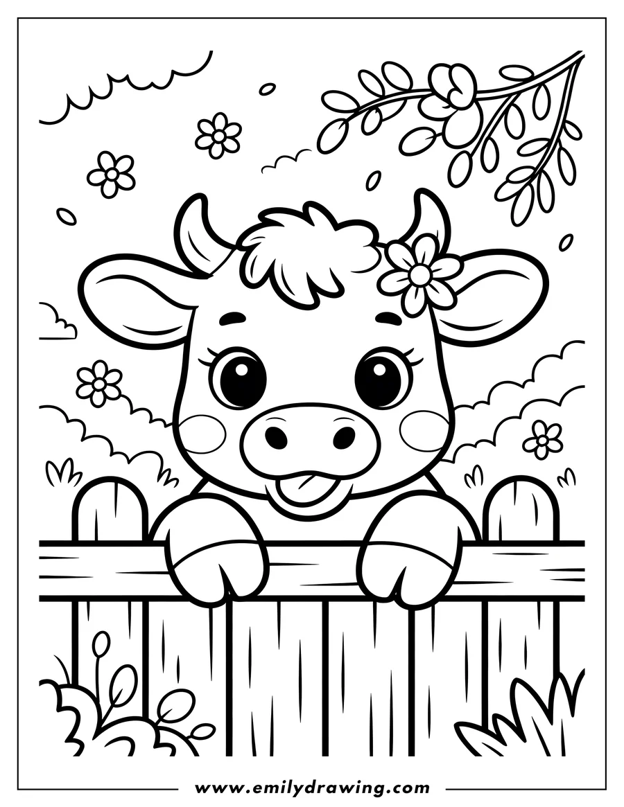 Outline drawing of a young ox with a flower crown, peering over a wooden fence in a field with flowers and plants.