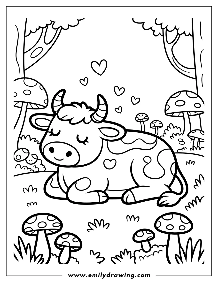 Outline of a cute ox resting near mushrooms in a field. Hearts float above its head.